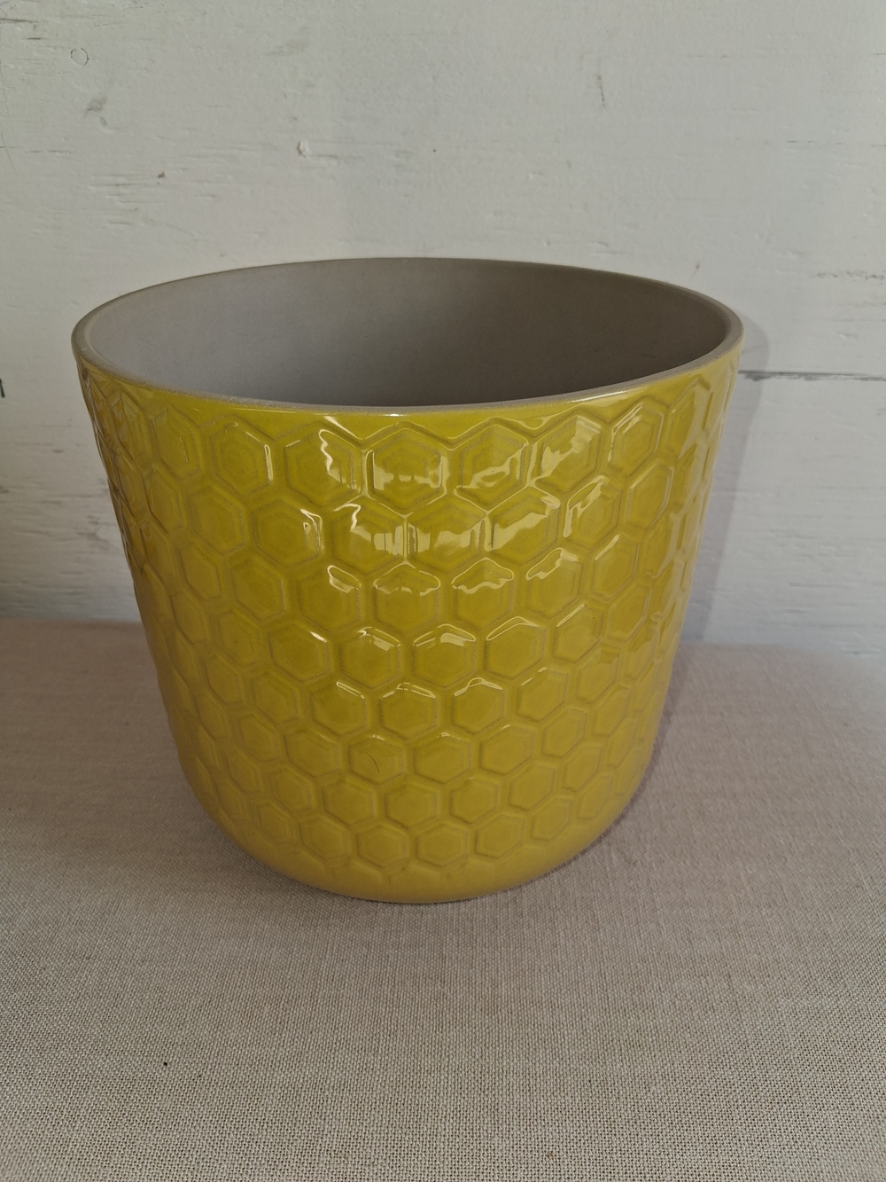 Yellow Ceramic Planter with Honeycomb Texture - Unbranded